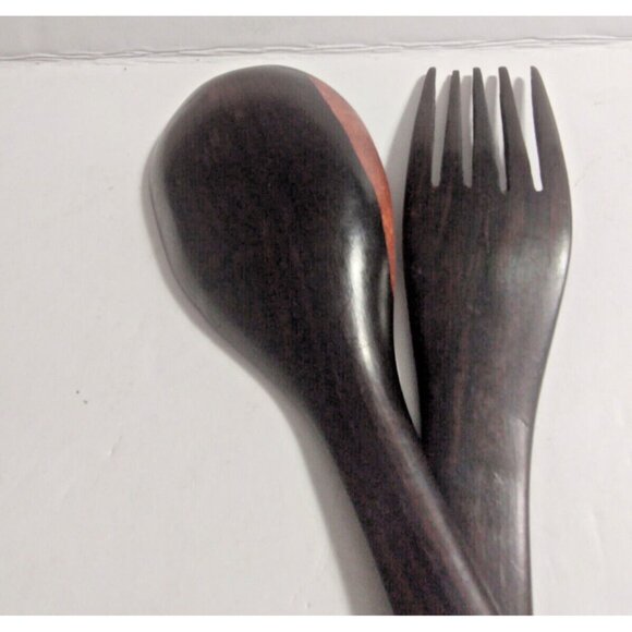 Vintage African Hand Carved Wooden Salad Fork & Spoon 12.5" Elephant  handles - Picture 3 of 10